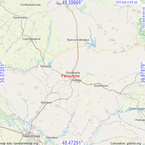 Panyutyne on map