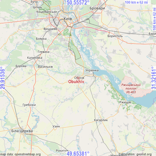 Obukhiv on map