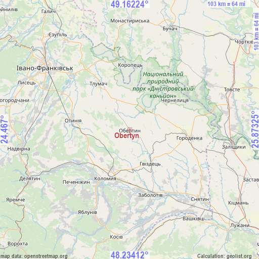 Obertyn on map