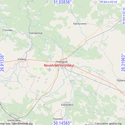 Novohrad-Volynskyi on map