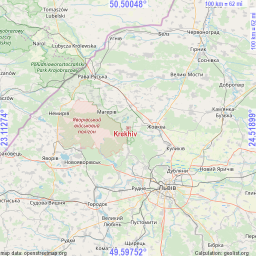 Krekhiv on map