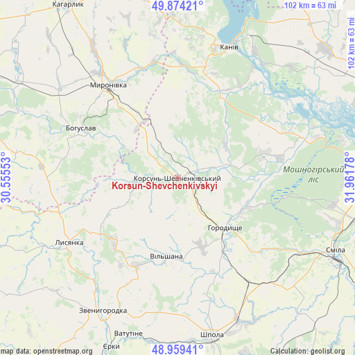 Korsun-Shevchenkivskyi on map