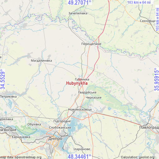 Hubynykha on map