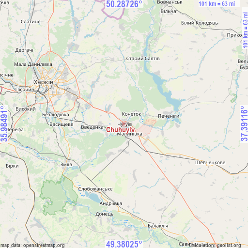 Chuhuyiv on map