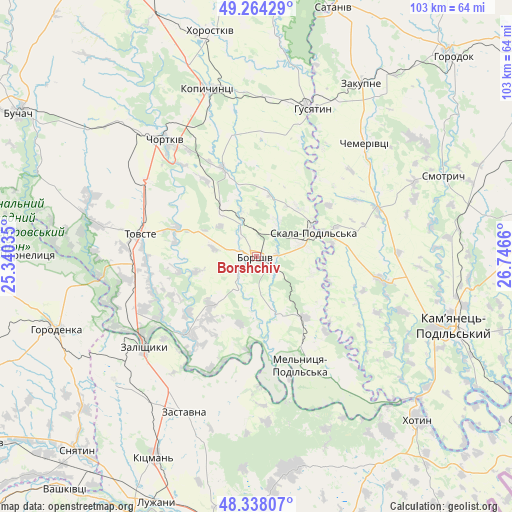Borshchiv on map