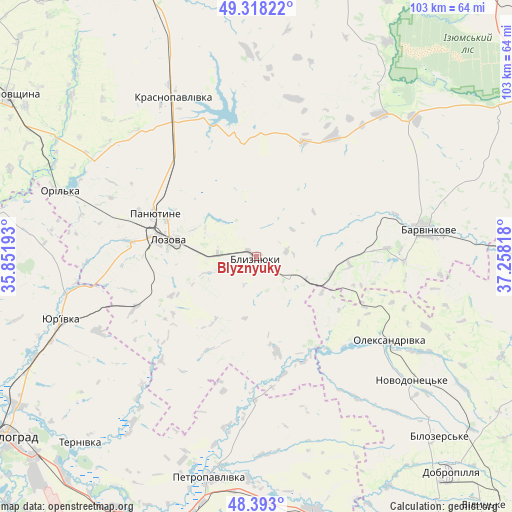 Blyznyuky on map
