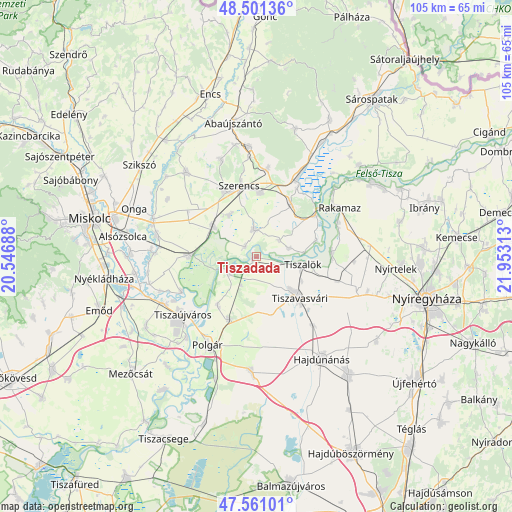 Tiszadada on map