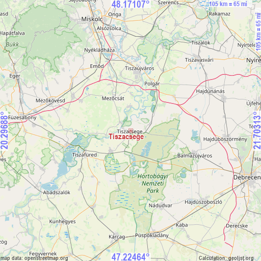 Tiszacsege on map