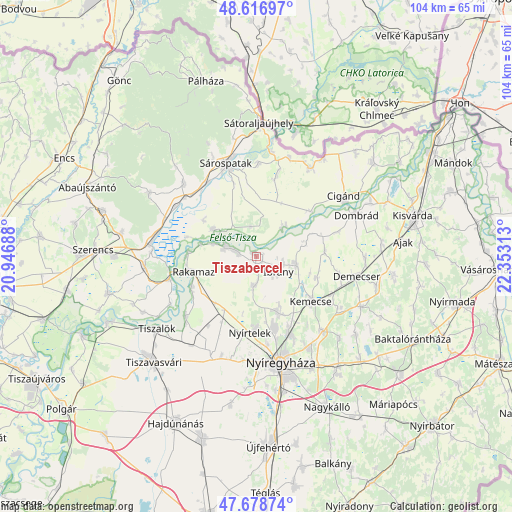 Tiszabercel on map