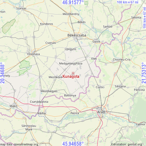 Kunágota on map