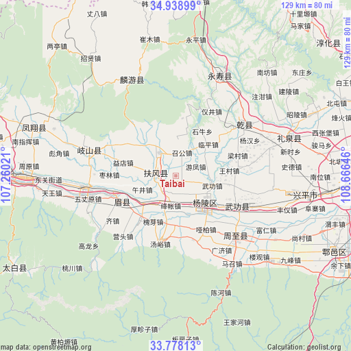 Taibai on map