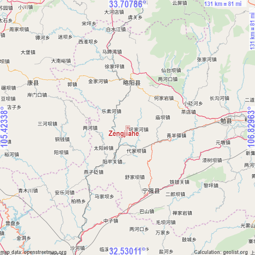 Zengjiahe on map