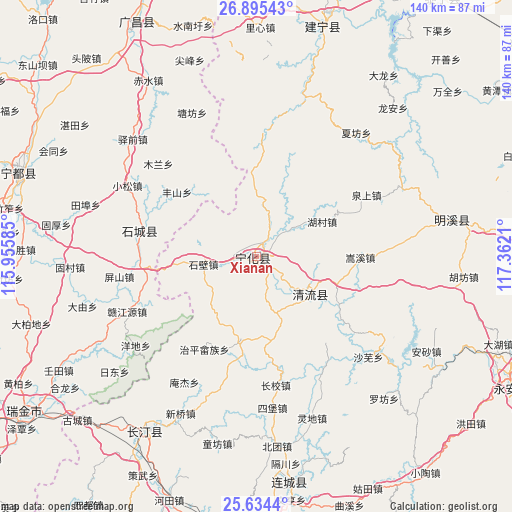 Xianan on map