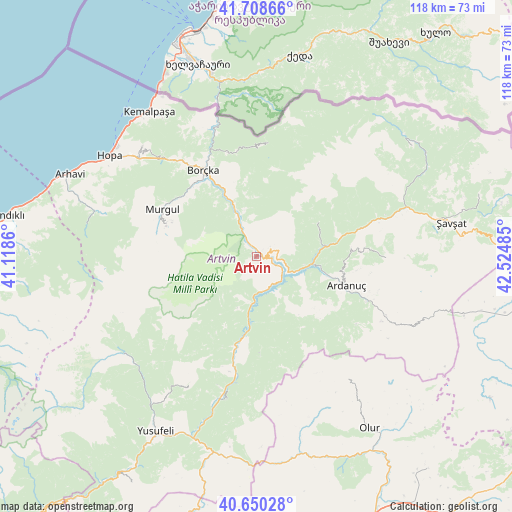 Artvin on map