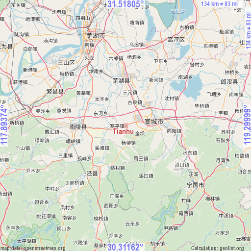 Tianhu on map