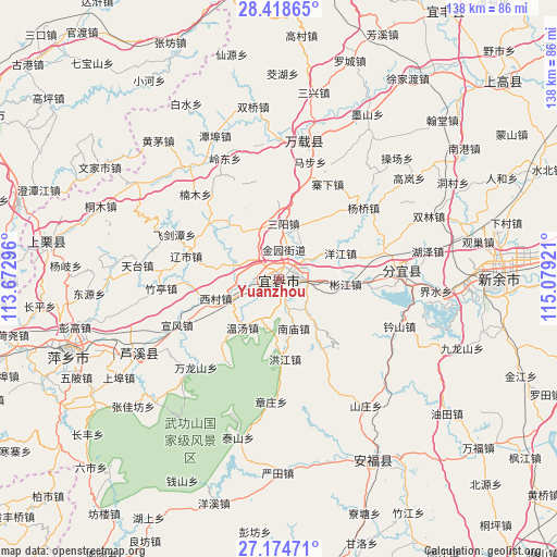 Yuanzhou on map