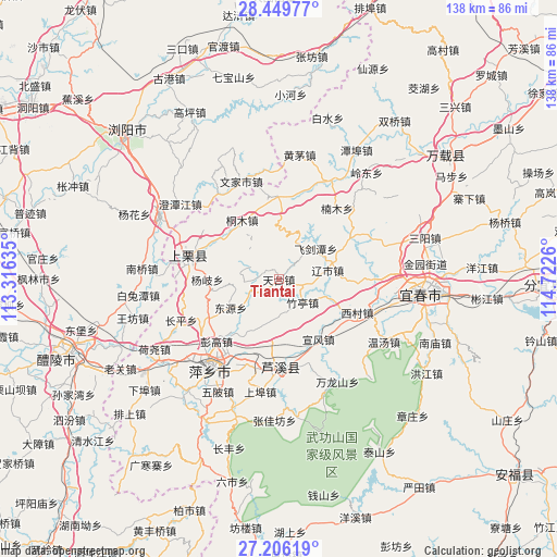 Tiantai on map