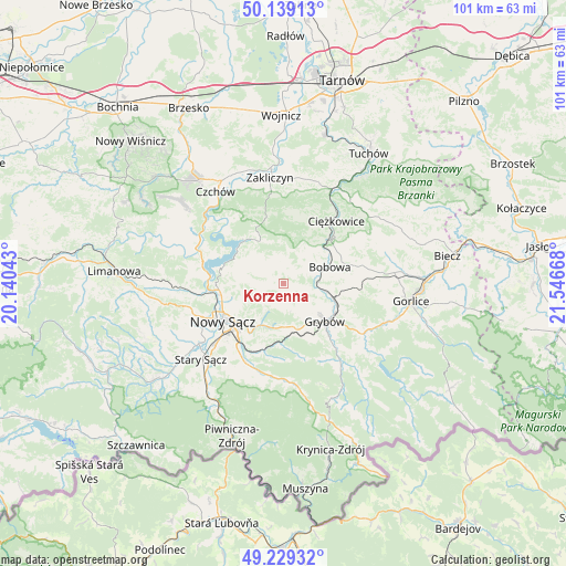 Korzenna on map