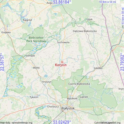 Korycin on map