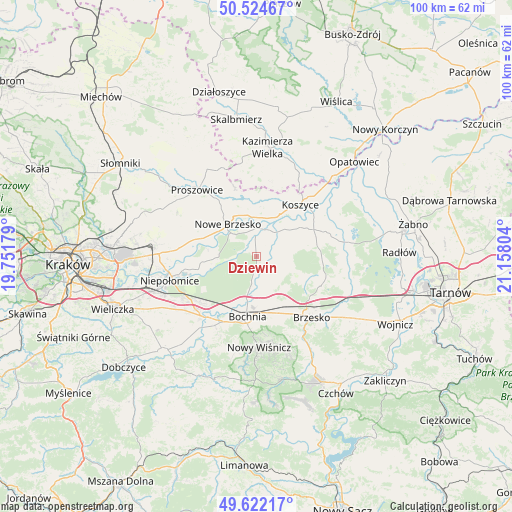 Dziewin on map