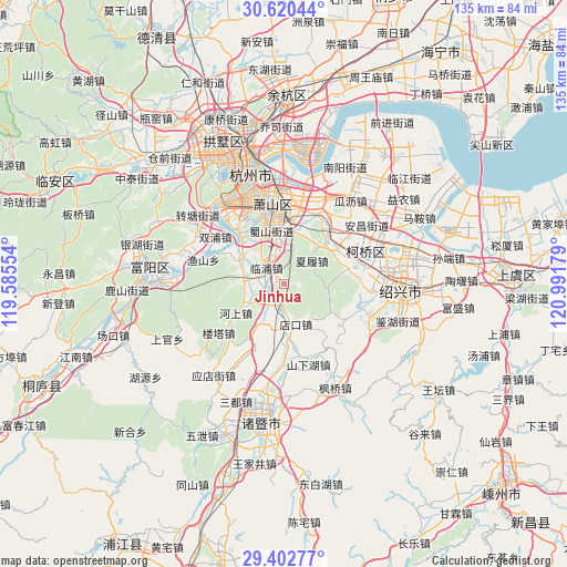 Jinhua on map