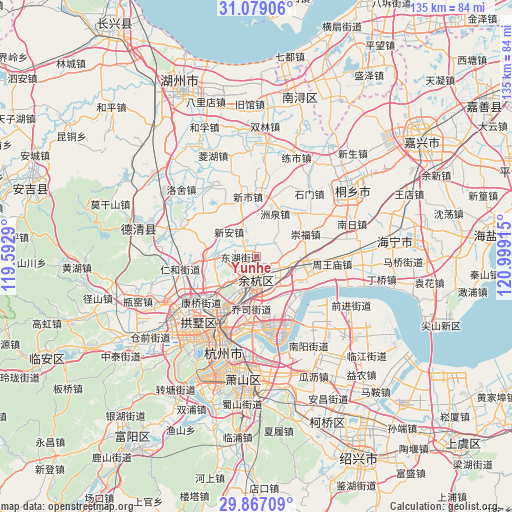 Yunhe on map