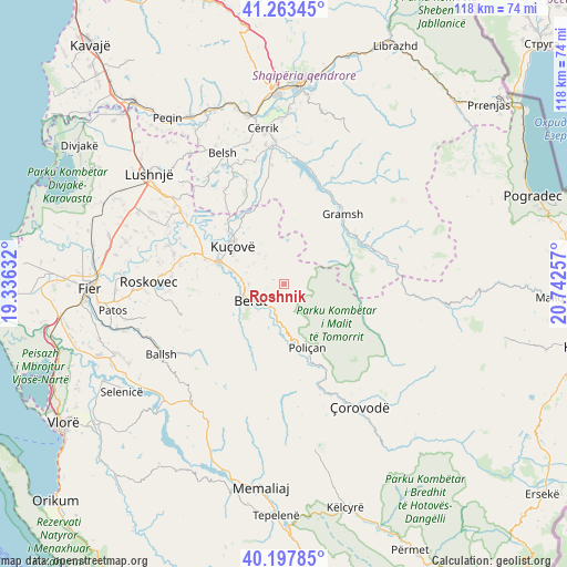 Roshnik on map