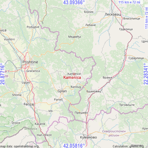 Kamenica on map