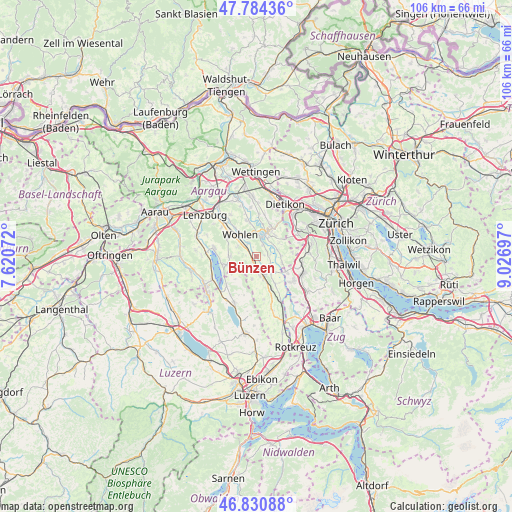Bünzen on map