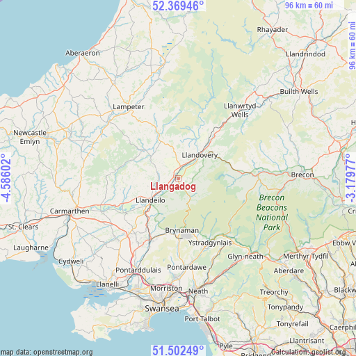 Llangadog on map