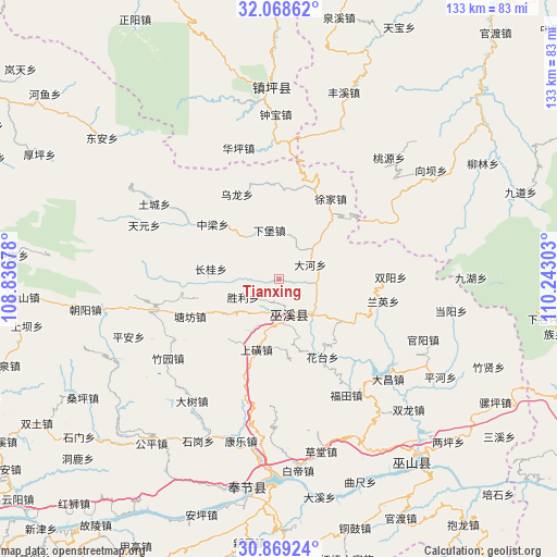 Tianxing on map