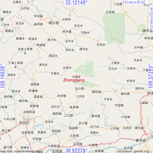 Zhonggang on map