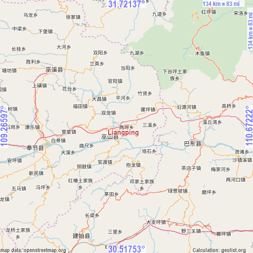 Liangping on map