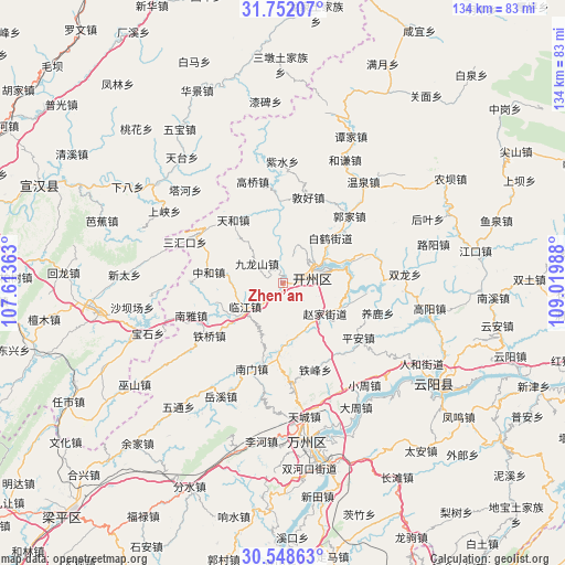 Zhen’an on map