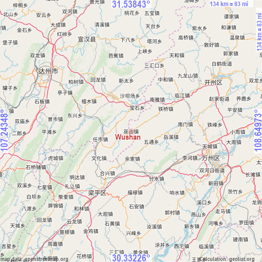 Wushan on map