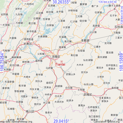 Tiantai on map