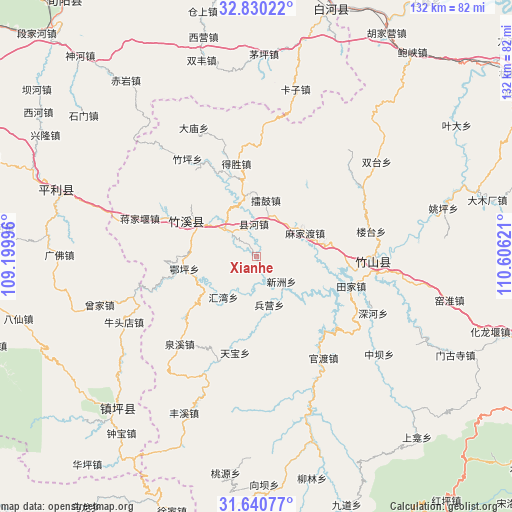 Xianhe on map