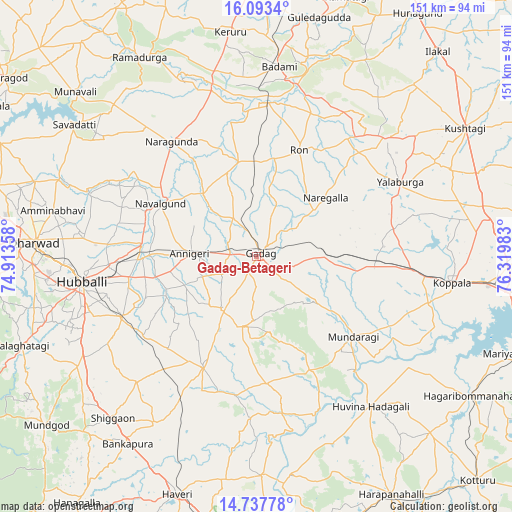 Gadag-Betageri on map