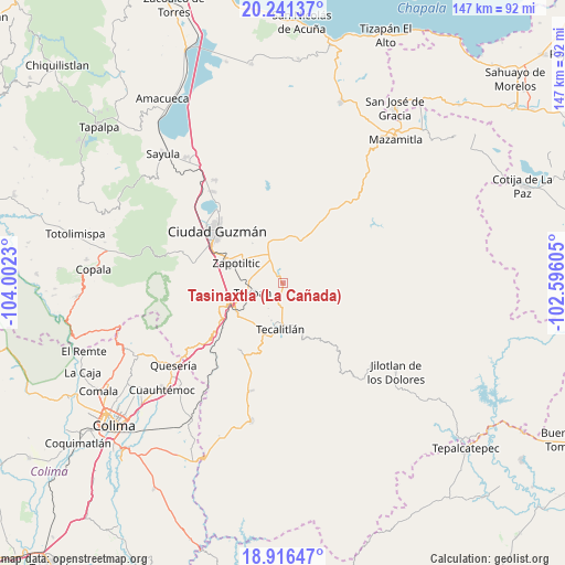 Tasinaxtla (La Cañada) on map