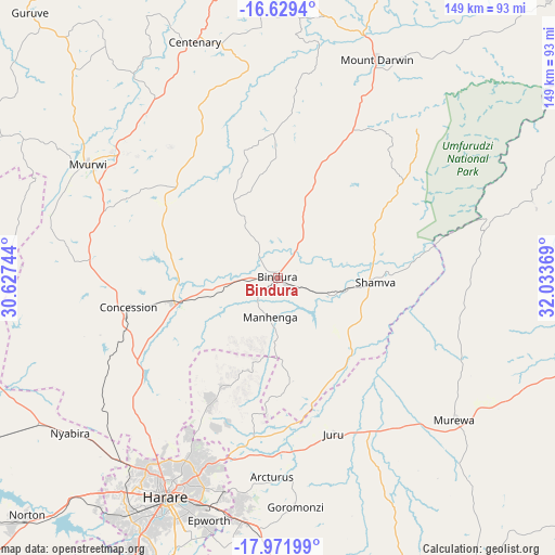 Bindura on map